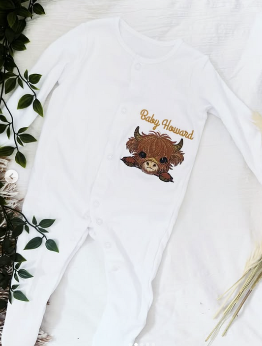 Personalised Baby Sleepsuit - Highland Cow Luxury Embroidered Design